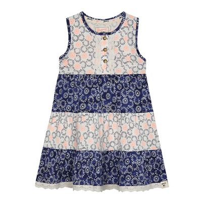 Girls' blue and white patterned tiered dress